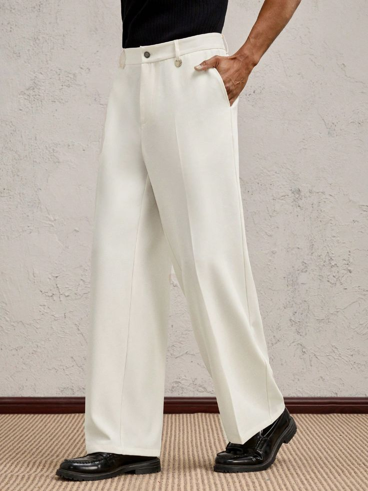 Mens-Woven-Mid-Waist-Straight-Leg-Casual-Suit-Pants